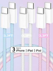 3入 3.3/6.6英呎 60W USB-C 轉 USB-C 編織彩色 Type-C 快充線，相容 iPhone 17/16/15/Pro/Max/Plus、Pro/Air、Galaxy、Android、筆記型電腦 - 彩色 - 查看 16