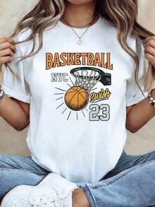 Talla Grande, Camiseta de Mujer Talla Grande con Estampado Gráfico BASKETBALL NYC Swish 23, Manga Corta, Cuello Redondo, Estilo Casual para Verano y Primavera, Ropa de Mujer - Blanco - Ver 1