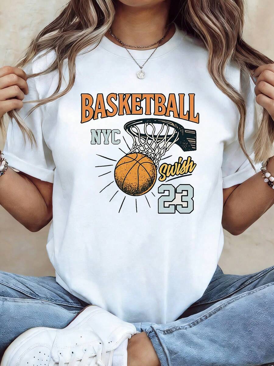 Talla Grande, Camiseta de Mujer Talla Grande con Estampado Gráfico BASKETBALL NYC Swish 23, Manga Corta, Cuello Redondo, Estilo Casual para Verano y Primavera, Ropa de Mujer - Blanco - Ver 1