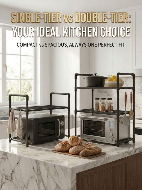 1pc, 1-2 Tier Kitchen Microwave Rack, Air Fryer Stand, Oven Rack, Corner Shelf, Desktop Printer Stand, Baking Rack, Home Double Layer Storage Rack, Countertop Organizer, With Practical Hooks, Strong Load-Bearing, Suitable For Kitchen Countertop, Dining Room, Coffee Bar, Office Pantry, Above Cabinet, Home Storage