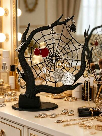 Dark Gothic Spider Web Jewelry Stand, Creative Tree-Shaped Decorative Accessory Storage Rack, Spider Theme Decorative Earring And Necklace Display Stand, Vintage Desktop Storage Rack, Bedroom Vanity And Niche Decor