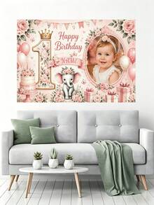 可客製化姓名與照片 1 歲生日背景布，叢林動物、航海與公主主題，粉色氣球、花卉、金色皇冠、帆船、生日蛋糕、禮物盒裝飾，攝影用乙烯基橫幅，派對用品 - A款 - 查看 8