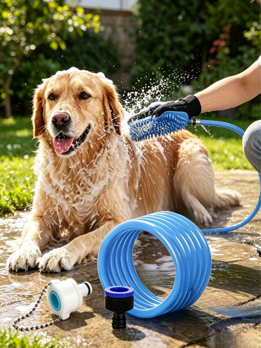 Multifunctional Pet Bathing Shower Glove, Massage Comb With Retractable Water Hose And Multi-Interface Connector, Rinse And Groom Simultaneously, Suitable For Cats And Dogs, Home And Outdoor Cleaning And Grooming - Random Color - View 1