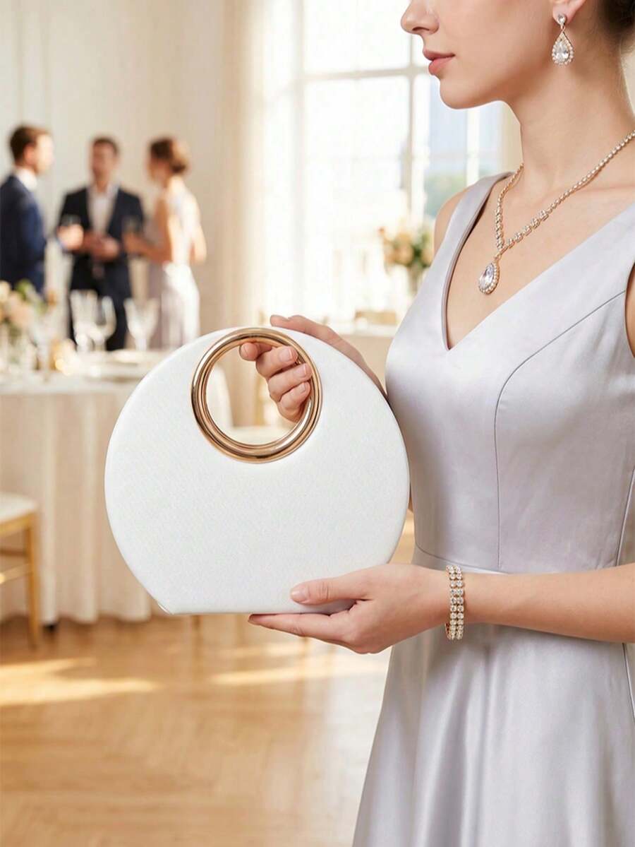 1 Piece White PU Material Flap Clutch Bag With Luxury Metal Decoration, Showing Fashion And Elegance, Suitable For Holding, Carrying, Wearing On The Shoulder Or Crossbody, P - 米色 - 查看 1