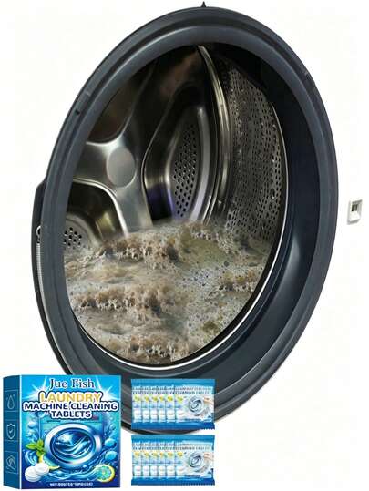 JUE FISH Washing Machine Cleaning Tablets, Deep Cleaning Formula, Suitable For Top Load And Front Load Washing Machines, Removes Odors, Limescale Stains, Limescale Buildup, Soap Scum And Lint, Leaves Fresh Fragrance, Compatible With High Efficiency Washing Machines, Convenient To Use, Essential For Laundry, Economical And Affordable, Recommended By Landlords, Fresh Lemon Scent, Monthly Maintenance, Ready To Use, Suitable For Rental Scenarios, Laundry Tips, Excellent Cleaning Effect, Fresh Lemon Scent, Randomly Shipped New And Old Models, Bathroom Freshener, Air Freshener,