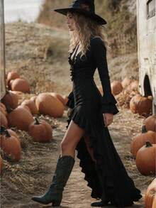 Women's Sexy Boho Asymmetrical Long Dress Deep V Neck Long Sleeve Fit And Flare Knitted Tunic For Fall - 黑色 - 查看 4