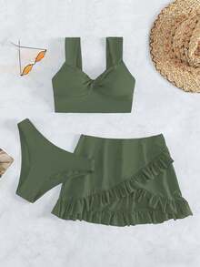 Women's Summer Twist Design 3-Piece Bikini Set With Cover-Up And Mini Skirt - 軍綠色 - 查看 9