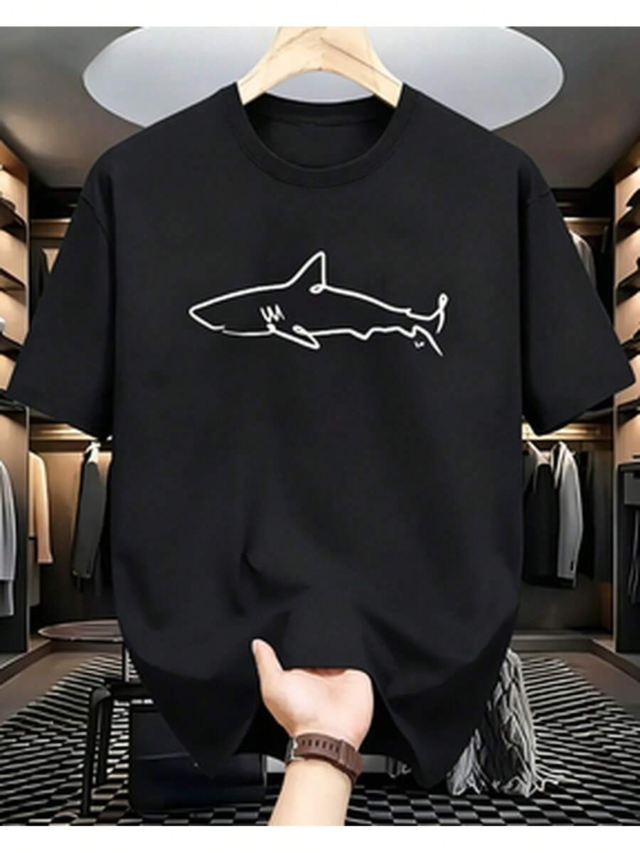 Camiseta para hombre con estampado gráfico de tiburón - Camiseta casual de verano transpirable, ajuste holgado tallas grandes S-3XL, negro y blanco para deportes al aire libre y ocio, comodi - Negro - Ver 1