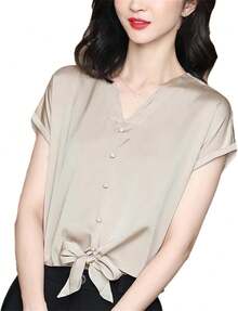 Camisa de verano de manga corta con botones de seda para mujer, con cuello en V, color liso, para oficina y dama, blusa casual - Rojo - - Ver 8