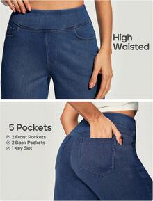 Heathyoga - Jeans de pierna ancha para mujer, cintura alta, pantalones holgados para mujer, pantalones de mezclilla elásticos de pierna recta, pantalones de mezclilla - Denim azul marino - Ver 5