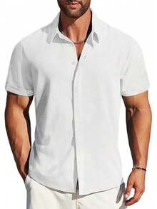 Camisas De Manga Corta con Botones para Hombre,Hombre Camisa Casual Manga Corta con Botones Ocultos,Adecuada para Playa,Trabajo,Cita. - Verde - Ver 11
