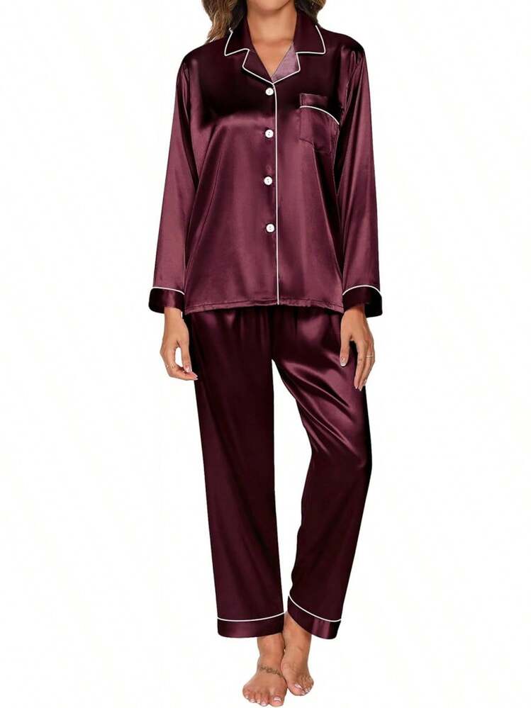 GAESHOW Conjunto de Pijamas de Mujer con Manga Larga de Satén Top Botones y Pantalones Pijama de Seda Ropa de Dormir - Rojo Vino Oscuro - Añade 7