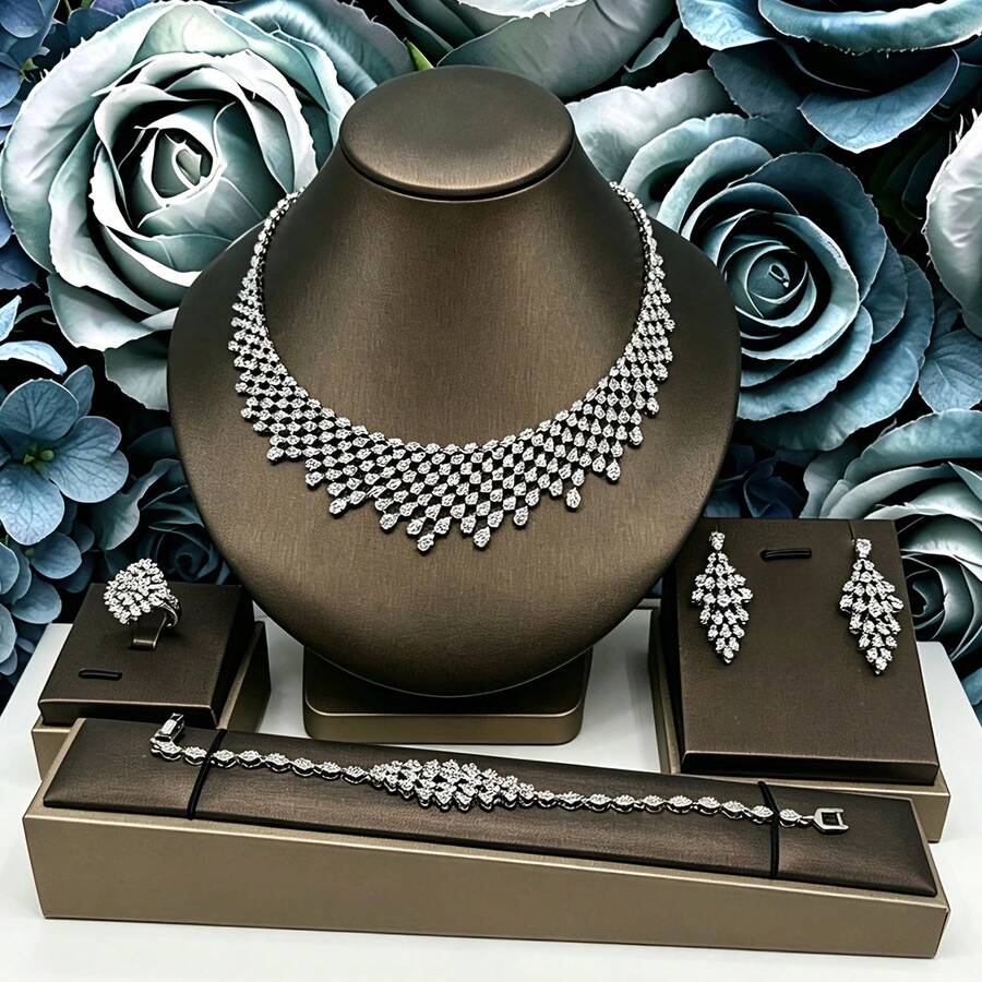 Middle East Dubai Luxury Pearlescent Heavy Work White Zirconia Mesh Water Drop 4-Piece Set Pakistan Saudi Arabia Bridal Party Jewelry Set Wedding Accessories Gift - White - View 1