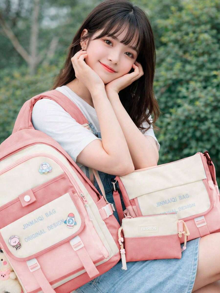 Shendy Vendy Backpack With Large Capacity, 5-Piece Set Fashionable Cool Youth Backpack Pencil Case Laptop School Student - MOD200 粉紅色 1 - 查看 1