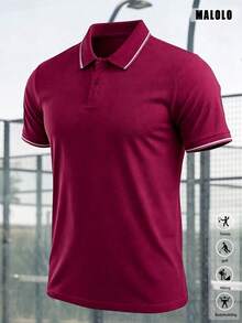 男士酒紅色短袖 Polo 衫，白色對比條紋領口與袖口，經典百搭休閒上衣，適合日常穿著與運動 - 酒紅色 - 查看 2