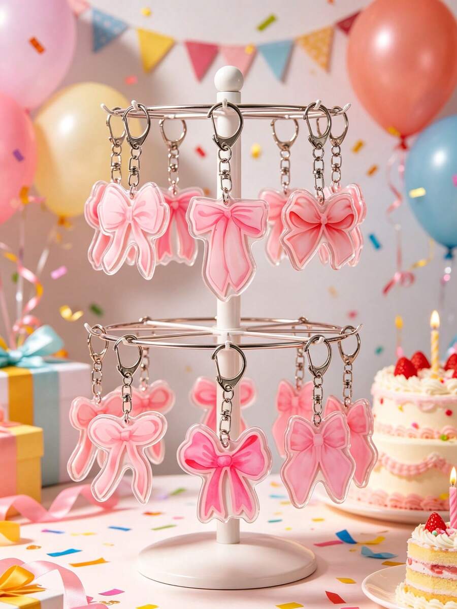 6 Stücke rosa Schleife Acryl Schlüsselanhänger, rosa Schleifenmuster Anhänger Schlüsselanhänger, Babyparty Geschenk Dekoration Schlüsselanhänger, Acryl Dekorationsartikel, Gender Reveal Party Schlüsselanhänger Geschenke, Taschen-/Handy-Anhänger, Spielbelohnungs-Geschenke, süße Cartoon Babyparty Geschenke, Schulanfang Geschenke, Party-Mitgebsel Füller