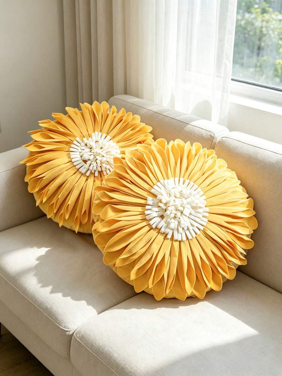 Funda de cojín redonda con pétalos de girasol 3D hechos a mano, funda de cojín con textura floral en capas estereoscópicas, funda decorativa estética para todas las estaciones para sofá, dormitorio, balcón, cabaña, sala de estar, solo la funda de cojín, no incluye el relleno