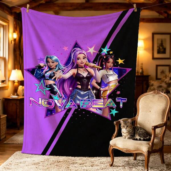 1pc Purple & Black Dual-Color Idol Girl Group Print Blanket, Flannel Material, Soft & Skin-Friendly, Can Be Used As Sofa Throw, Picnic Blanket, Car Blanket, Camping Blanket, Bed Sheet