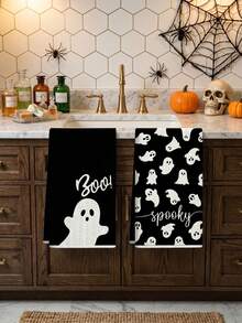 2 Stück Halloween Servietten, Küchentücher mit Geistermuster, Küchentuch-Set, Frottee, Halloween Dekoration, Halloween Party Deko, Halloween Süßigkeiten oder Trick Deko, fröhliche Halloween Dekoration, Küchenutensilien, Reinigungsbedarf, Küchenartikel, Küchenorganisation - mehrfarbig - Übersicht 9