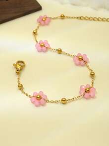 2pcs Stainless Steel Pink Flower Necklace & Bracelet Set, Ideal Gift For Women, Mother's Day, Birthday, Party, Wedding, Vacation, Back To School - Multicolor - View 6