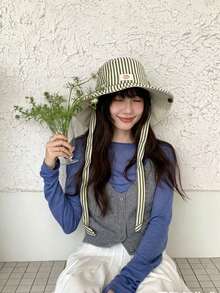 Wide Brim Striped Bucket Hat Beach Vacation Sun Hat Vintage Patchwork Contrast Color Drawstring Wide Brim Bucket Hat Boho Vacay Spring Summer Sun Hat Bright Monochromatic Looks Tie-Up Sun Protection Hat Travel UV Protection - Multicolor - View 5