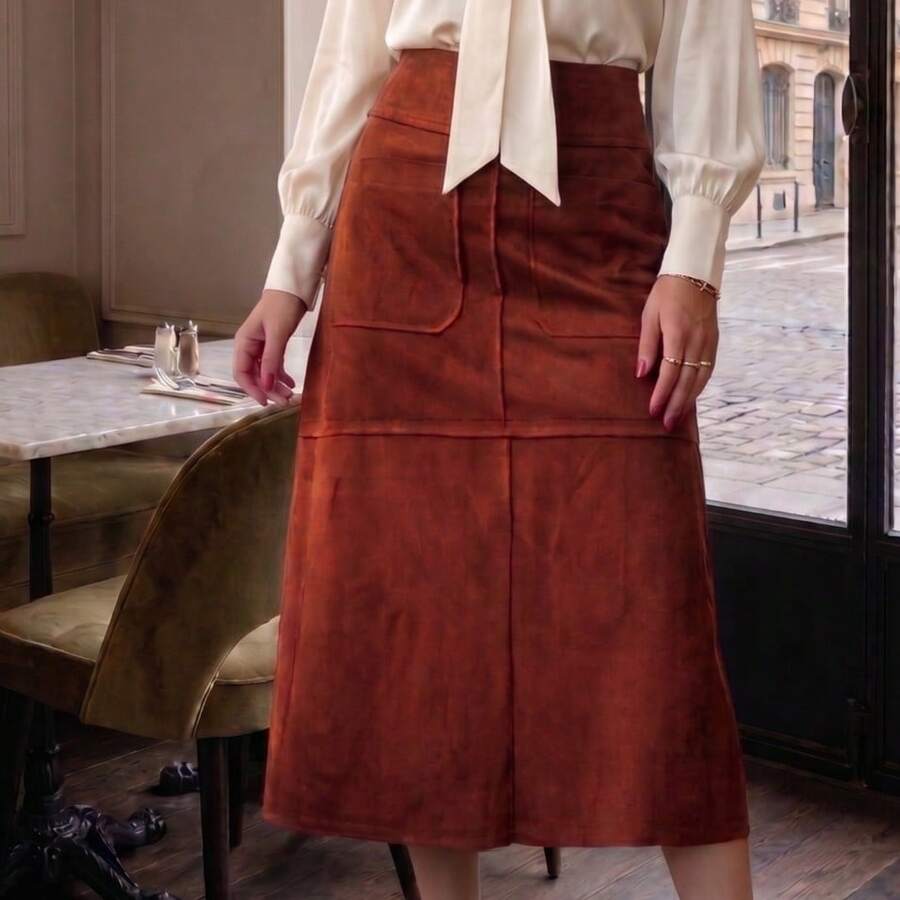 WOMEN'S SUEDE SKIRT WITH ZIPPER AND POCKET, ELEGANT, EVANGELICAL FASHION, NIGHT, PARTY, CHURCH SERVICE, LAUNCH - Tile - View 1