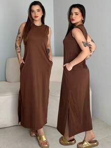 Basic Long Dress Casual Elegant Side Opening Pocket 100% Premium Cotton - 深棕色 - 查看 1