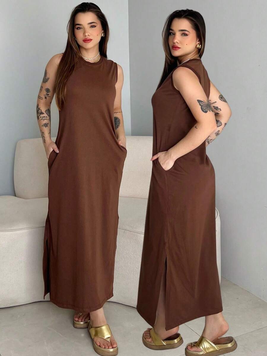 Basic Long Dress Casual Elegant Side Opening Pocket 100% Premium Cotton - 深棕色 - 查看 1