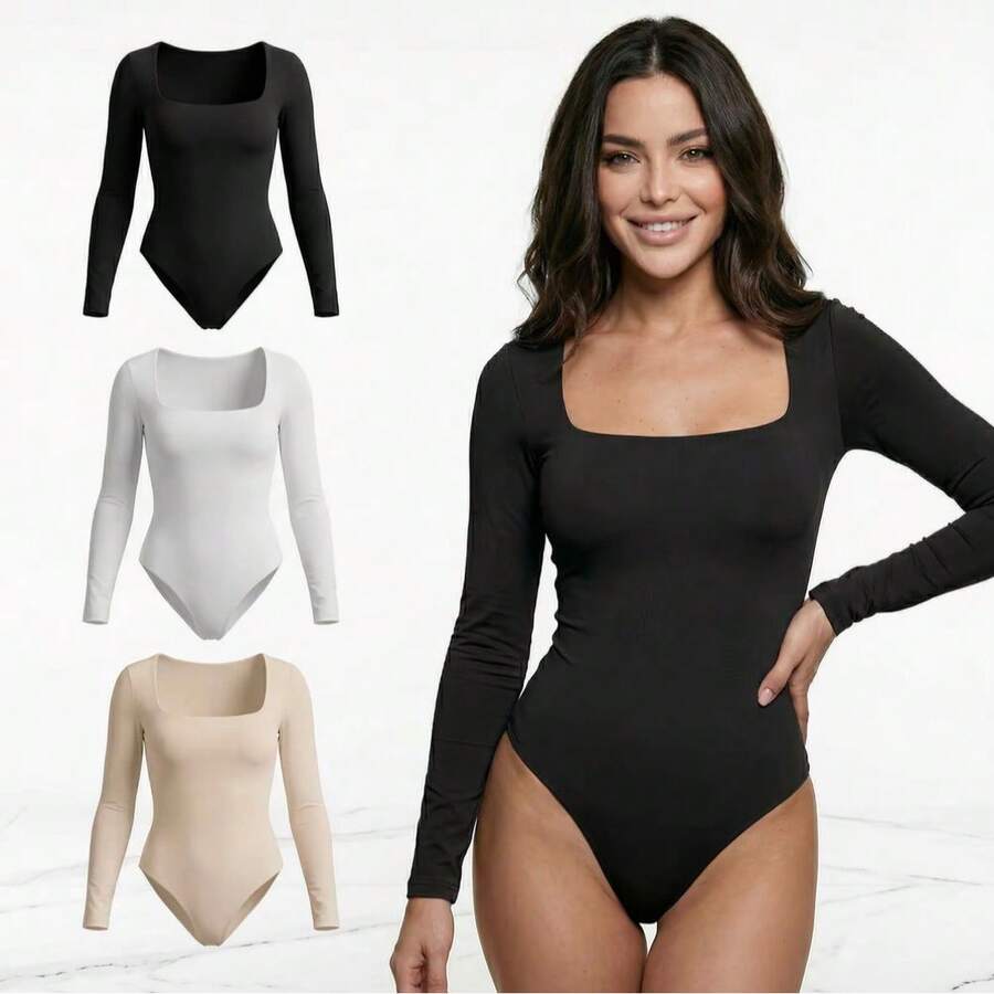 KIT 3 Body Feminino Suplex Manga longa Decote Quadrado Tamanho Único Confortável - Preto / Branco / Nude - Visão 1