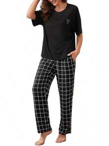 Conjuntos de pijama para mujer con cuello de rosca, top de manga corta y pantalones largos a cuadros, ropa de dormir de 2 piezas para otoño, primavera y invierno. - Negro - Ver 9