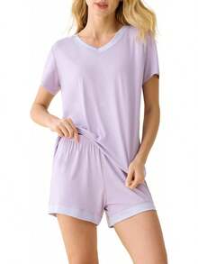 Latuza - Conjunto de Pijama de Manga Corta con Cuello en V para Mujer - Violeta - Ver 1