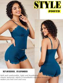 - Conjunto de pijama de punto acanalado suave para mujer, sexy, cuello en V, encaje con ribete de encaje, pantalones cortos con abertura lateral, ropa de dormir - Negro y leopardo. - Ver 4