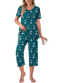 Anyally - Conjunto de pijama de verano para mujer, camisa de manga corta y pantalones capri de 2 piezas, pijama plisado con bolsillos - Plisado color caqui naranja - Ver 34