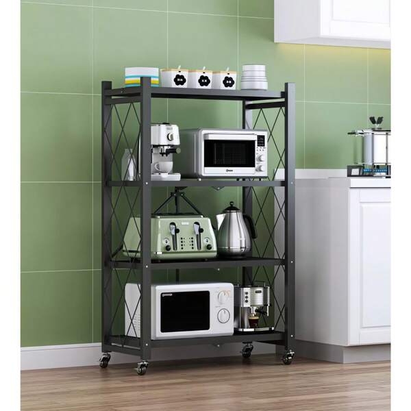 Floor-Standing Multi-Functional Kitchen Shelf, Foldable Storage Rack With No Assembly Required, Foldable Metal Kitchen Trolley With Wheels, Rolling Microwave Stand With Guardrails, Practical Storage Organizer.
