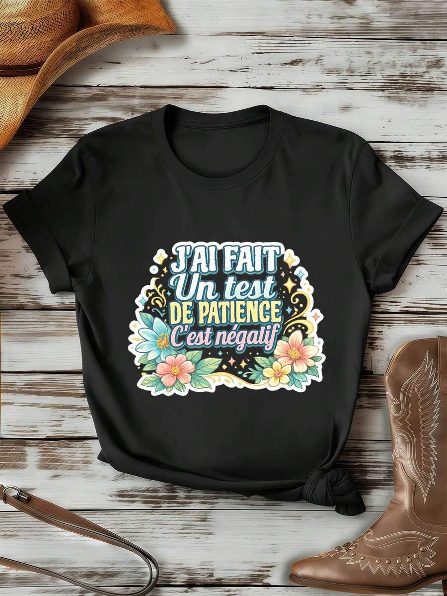 Camiseta divertida con estampado floral para mujer, informal, de algodón premium, corte holgado, estilo hip-hop urbano, cómoda, estampado llamativo, nuevo lanzamiento. - Negro - Ver 1