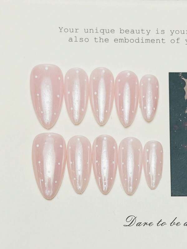 10 piezas de pegatinas de uñas hechas a mano con forma de almendra de longitud media, estilo europeo y americano elegante y de lujo con lunares rosa pastel aurora, estilo gótico Y2K, adecuadas para vacaciones de verano en la playa, uso diario y citas, reutilizables, adecuadas para mujeres y niñas como regalo, suministros de uñas, uñas hechas a mano, uñas postizas