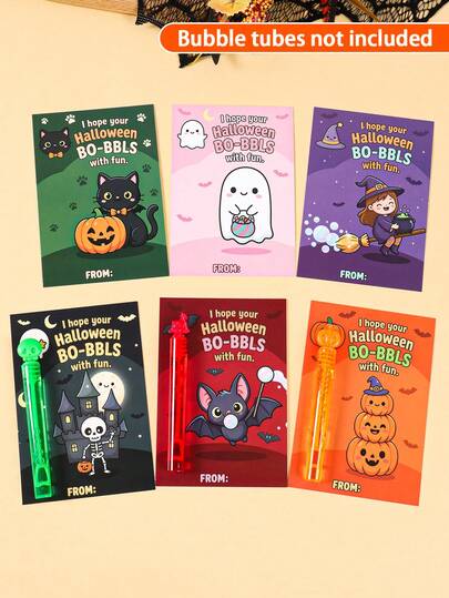 24 Halloween Bubble Wand Cards (Bubble Wands Not Included), Personalized Halloween Bubble Wand Cards Printed With "I Hope Your Halloween BO-BBLS With Fun", Halloween Home Decor, Holiday Party Supplies, Spooky Atmosphere Decoration, Halloween Trick Or Treat