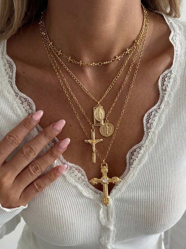 Juego de 4 piezas de collares con colgante redondo geométrico minimalista de metal vintage para mujeres, colgante de cruz de Jesús estilo rock punk, adecuado para uso diario, vacaciones, fiestas, festivales de música, se puede usar individualmente o en capas, regalo perfecto para cumpleaños, boda, aniversario, Día de San Valentín, Acción de Gracias, Año Nuevo, adecuado para mujeres, madre, amiga, novia