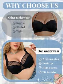 mimilemon Women's Plus Size Polka Dot Mesh Lace Underwire Bra, Comfortable Breathable Fabric, Push-Up Lift, Adjustable Wide Strap, Full Support - Black - View 7
