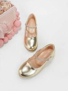 Girls 30-37 Size Rhinestone Strap Slip-On Chunky Heel Pumps, Commuter Fashion Elegant Versatile Party Banquet Style Solid Color Princess Shoes - Gold - View 4