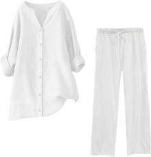 onjunto de verano de 2 piezas para mujer, tallas grandes, conjuntos de lino de algodón, cuello en V, blusa abotonada, camisetas de gran tamaño, camisetas de manga larga y pantalones casuales - Blanco#01 - Ver 4