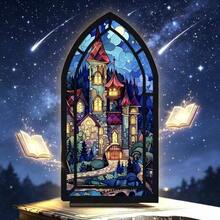 Gothic Stained Glass Fantasy Castle Acrylic Desktop Decor Wooden Starry Sky Bookend House Mori Style Bookshelf Fantasy Enthusiast Gift Decorative Book Room Decor - 1PC - View 2