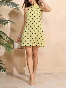 - Vestido corto sin mangas con estampado floral para mujer, cuello halter, línea A - rosado, (Geometría rosa) - Ver 7