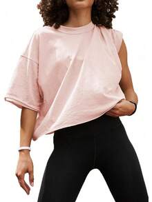 Camisetas Cortas de Manga Corta para Mujer, Estilo Casual, Básicas, de Algodón, para Yoga, Running y Deportes - Café - Ver 23