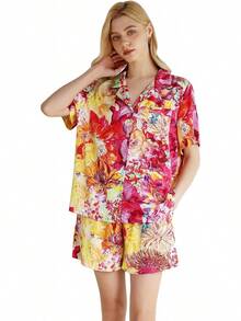 YiNi LuLu - Conjunto de pijama de satén de seda para mujer, 2 piezas, pijama de manga corta, de gran tamaño, con bolsillos - Vida pastoral - Ver 28