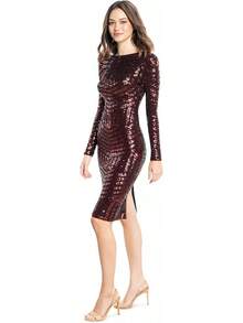 Dress the Population Emery Vestido Midi Bodycon de Manga Larga con Cuello Redondo y Espalda Baja Vestido para Mujer - Rojo Multi - Ver 3