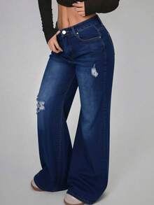 Jeans Rectos de Mezclilla Azul  Lavado con Roturas - Azul lavado oscuro - Ver 3