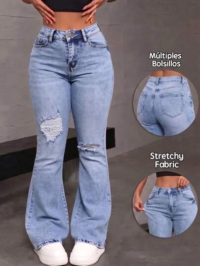 Pantalones acampanados de mezclilla lavados con roturas, cintura media, ajustados y elásticos