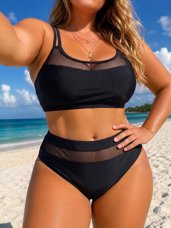 Atutua Ensemble de débardeur sexy en maille patchwork et bikini triangle pour femmes grandes tailles, noir, pour vacances à la plage en été