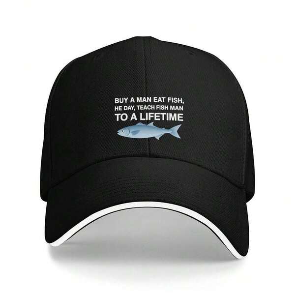 1pc Funny Fishing Hat - Black Baseball Cap With Buy Fish Text & Fish Graphic, Adjustable Strap Men & Women, Lightweight Everyday Or Formal Wear - Fishermen & Food Joke Lovers, Casual Headwear, Humorous Design, Sporty Style